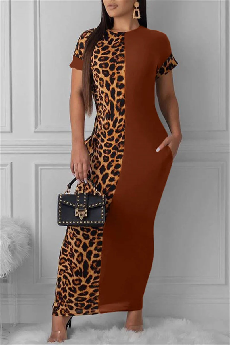Fashion Casual Print Leopard Patchwork O Neck Short Sleeve Dress