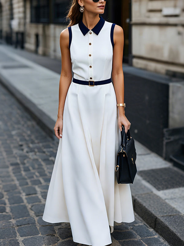 Turn Down Collar Button Sleeveless Contrast Color Maxi Dress