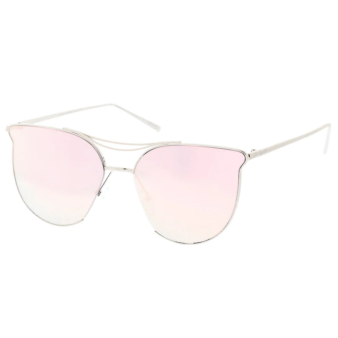 Modern Metal Cat Eye glasses With Double Nose Bridge Round Pink Flat Lens 55mm