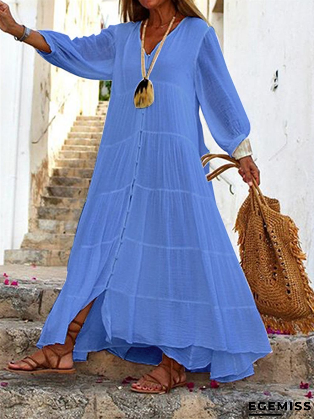 Bohemian Solid Color V-neck Loose Long Sleeve Cotton and Linen White Dresses | EGEMISS