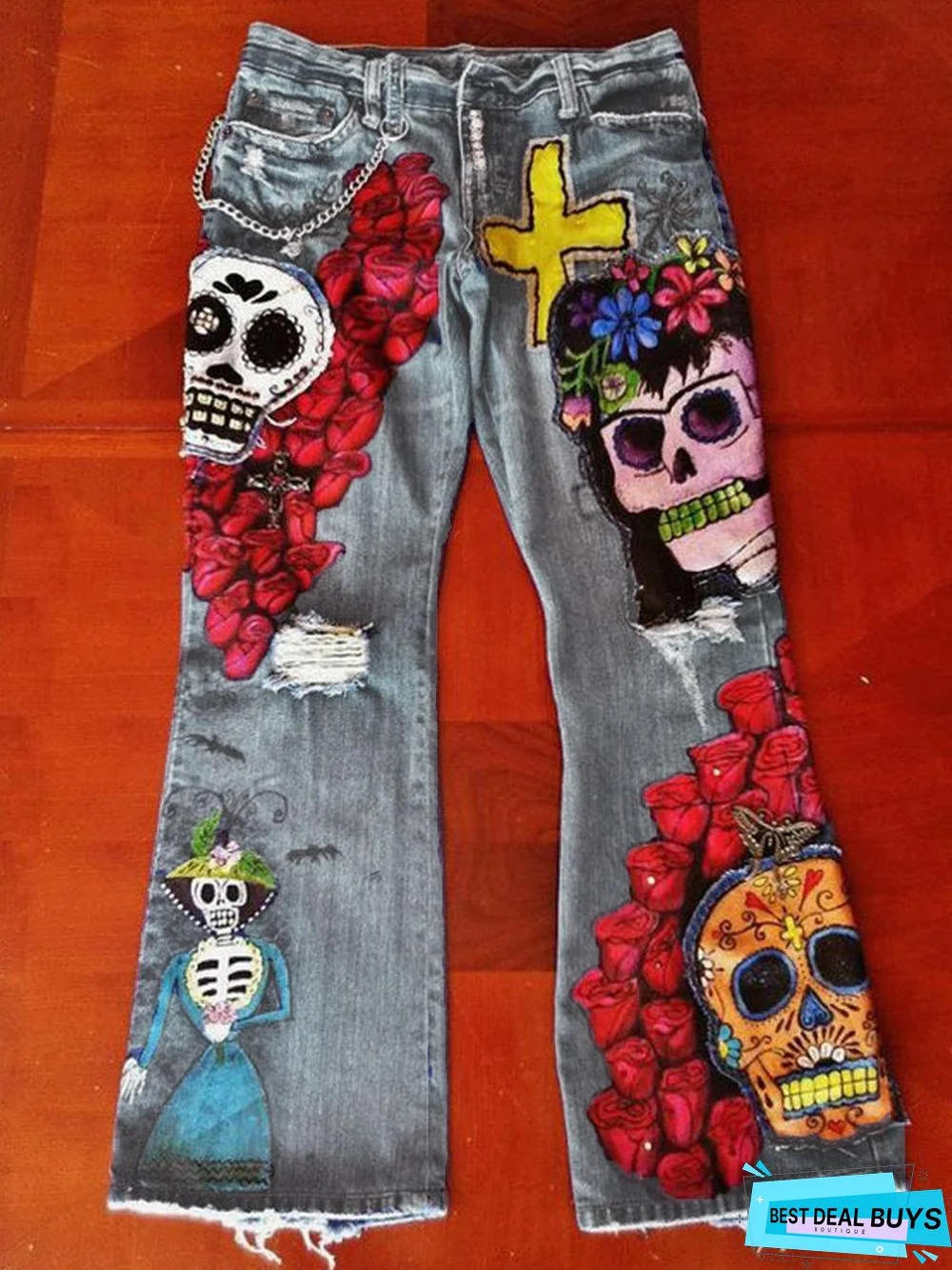 Women's  Casual  Solid Abstract Printed Loose Denim Trousers