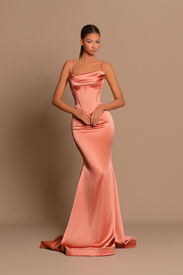 Bellasprom Spaghetti-Straps Coral Prom Dress Mermaid Sleeveless Strapless Bellasprom