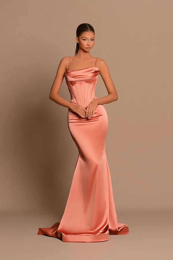 Luluslly Spaghetti-Straps Coral Prom Dress Mermaid Sleeveless Strapless
