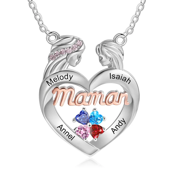 Maman Necklace Engrave 4 Names Personalized Heart Birthstones Necklace Gifts for Mother and Daughter