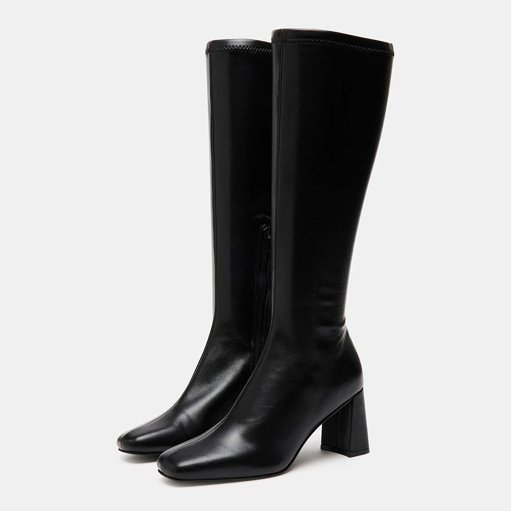Chic Black Square Toe Chunky Heel Knee High Boots with Zipper