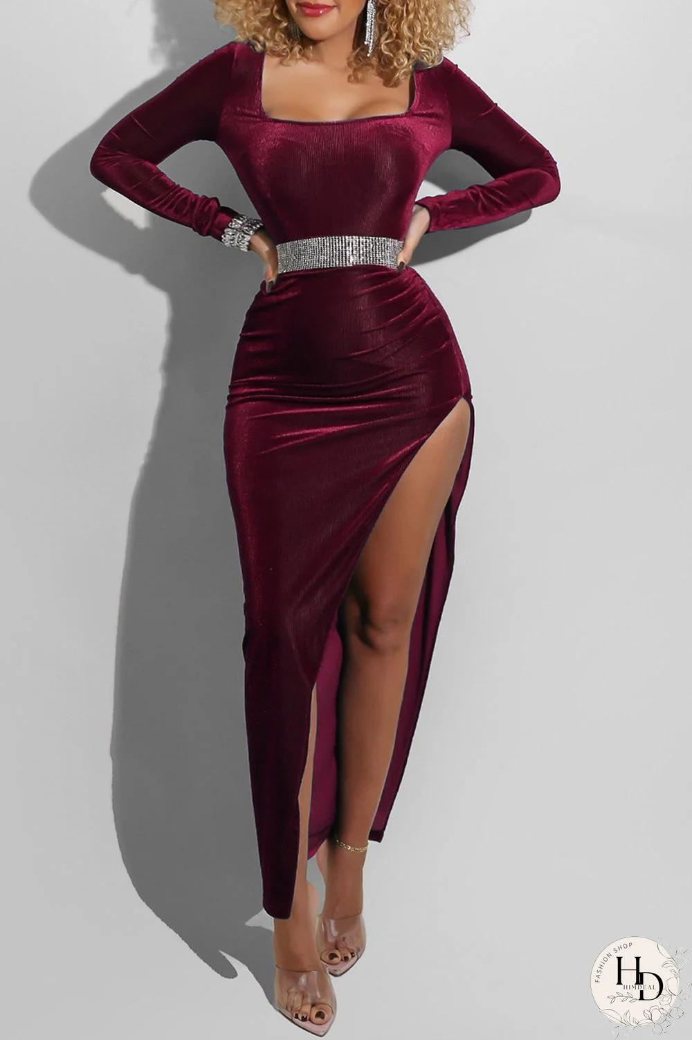 Black Fashion Sexy Solid Slit Square Collar Long Sleeve Dresses