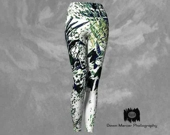 Pornhint Leggings Tights Yoga Pants, White Leggings Green Nature Abstract Art - Dawn Mercer Designer Wear