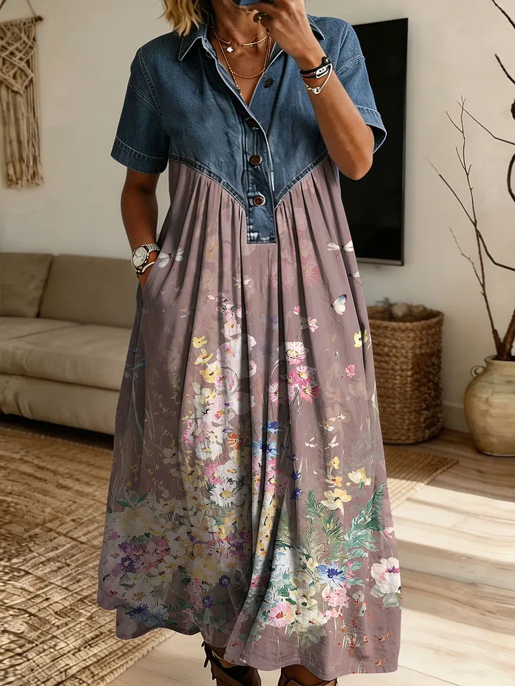 Women&rsquo;s Denim Spliced Floral Dragonfly Print Shirt Midi Dress With Pockets
