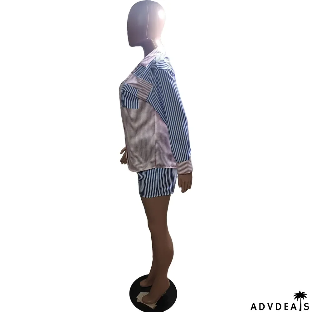Women's nightclub fashion sexy button striped Chic career long-sleeve shirt Shorts Two Piece Set