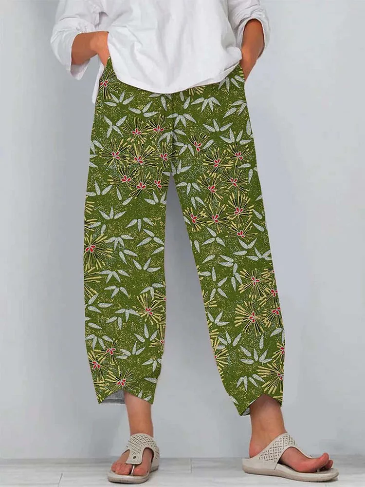 Japanese Floral Art Print Cropped Pants