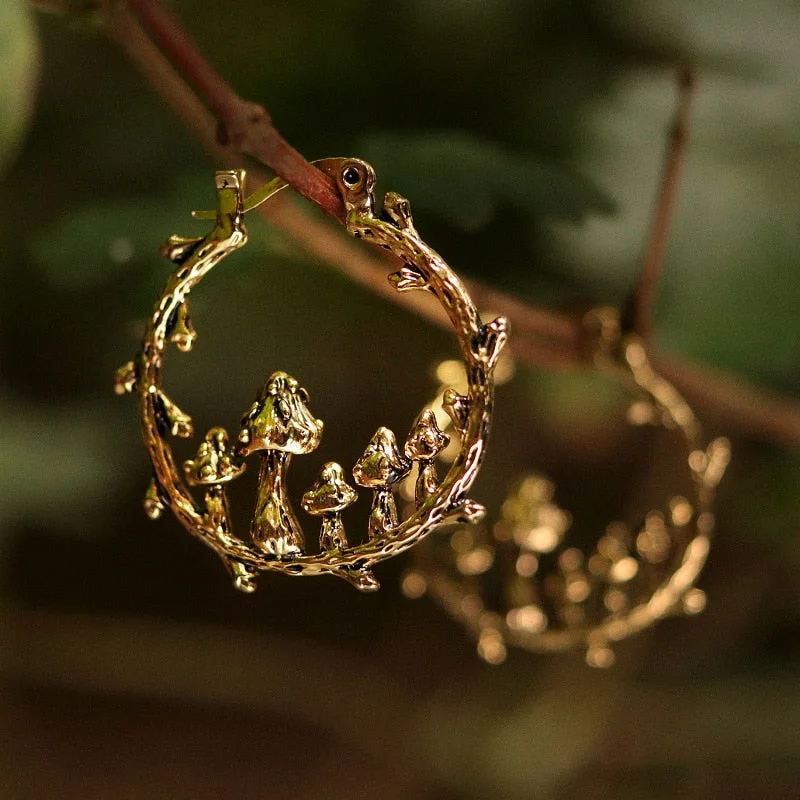 Ancient gold Color Tree Branch Hoop Earrings Carved Ancient Metal Mushroom Tribal Drop Dangle Earrings for Women Jewelry