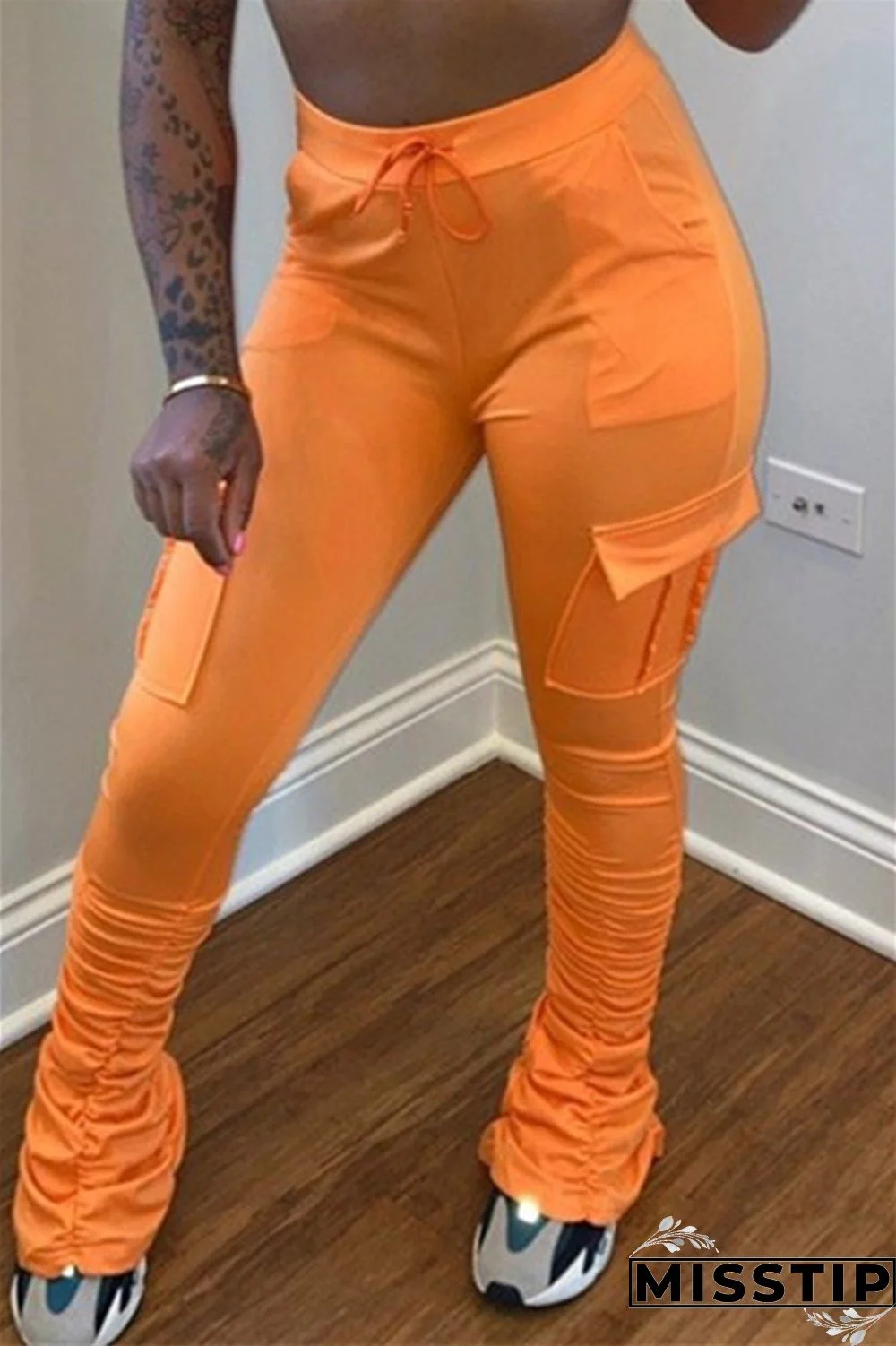 Fluorescent green Drawstring High Solid Pocket Draped Boot Cut Pants Bottoms