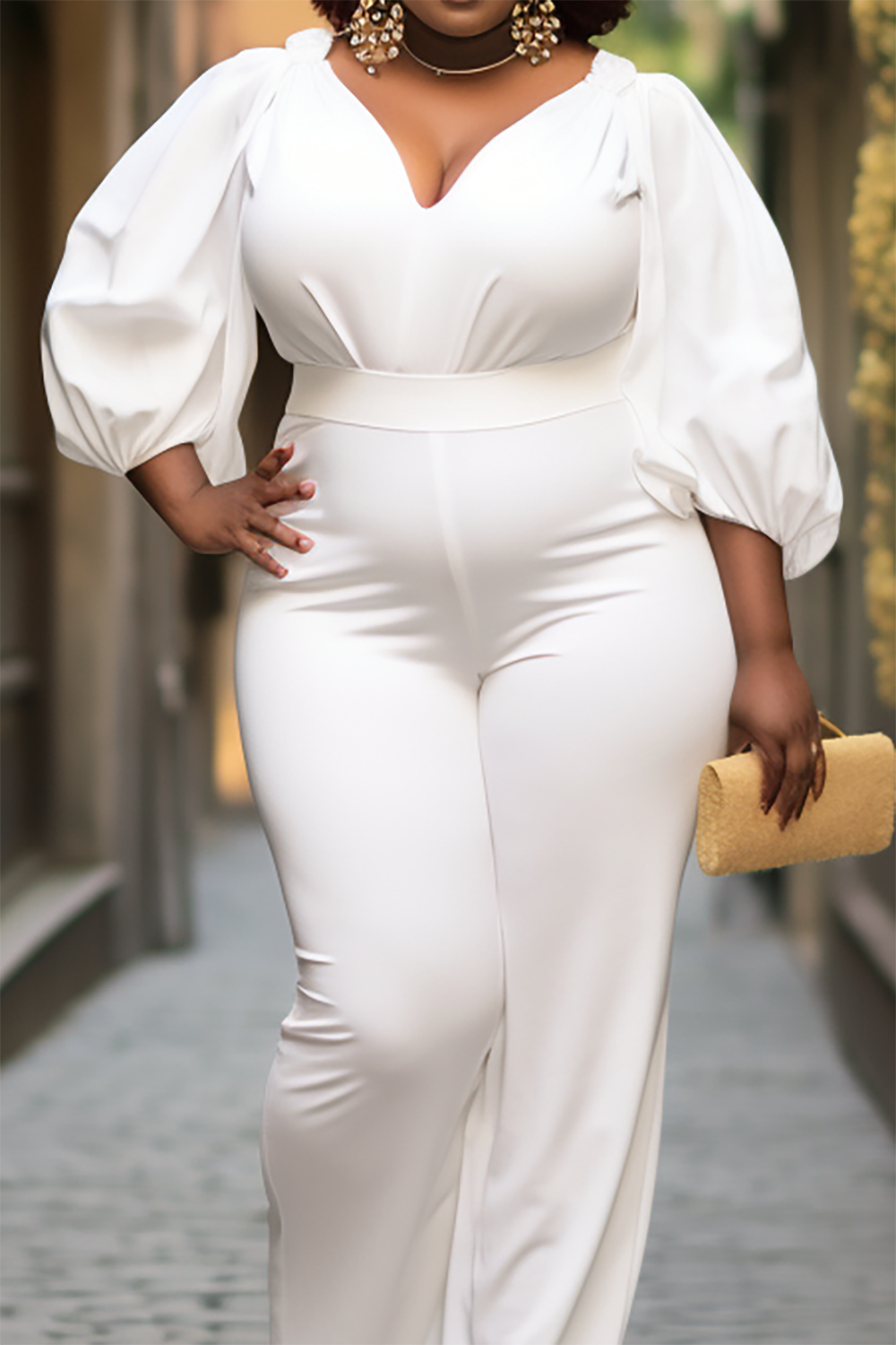 Design Plus Size Semi Formal Elegant White V Neck Lantern Sleeve 3/4 Sleeve Knitted Jumpsuits [Pre-Order]