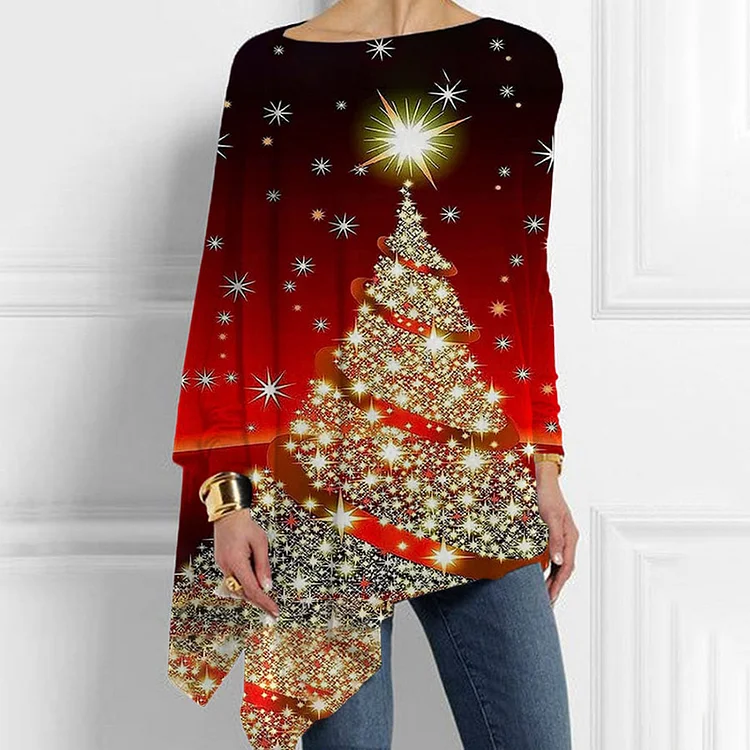 Wearshes Christmas Tree Print Crew Neck Irregular Hem T-Shirt