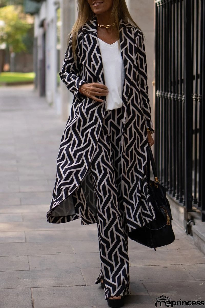 Elegant Geometric Print Sequins Printing Cardigan Collar Long Sleeve Two Pieces