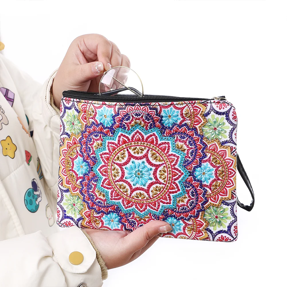 DIY Mandala Diamond Art Cosmetic Bag Flowers Single Sided PU Women Clutch