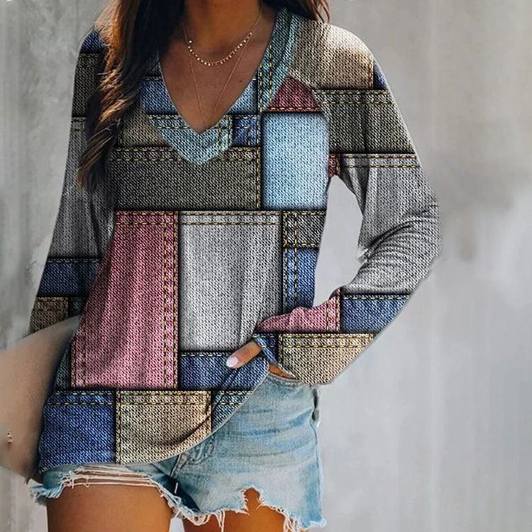 Wearshes Fashion Contrast Color Geometric Printed T-Shirt