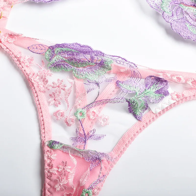 Billionm Pink Floral Lingerie Set Women Underwear Lace Transparent Bra Panties Sexy Push Up Bras Fancy Ladies Embroider Costumes for Sex