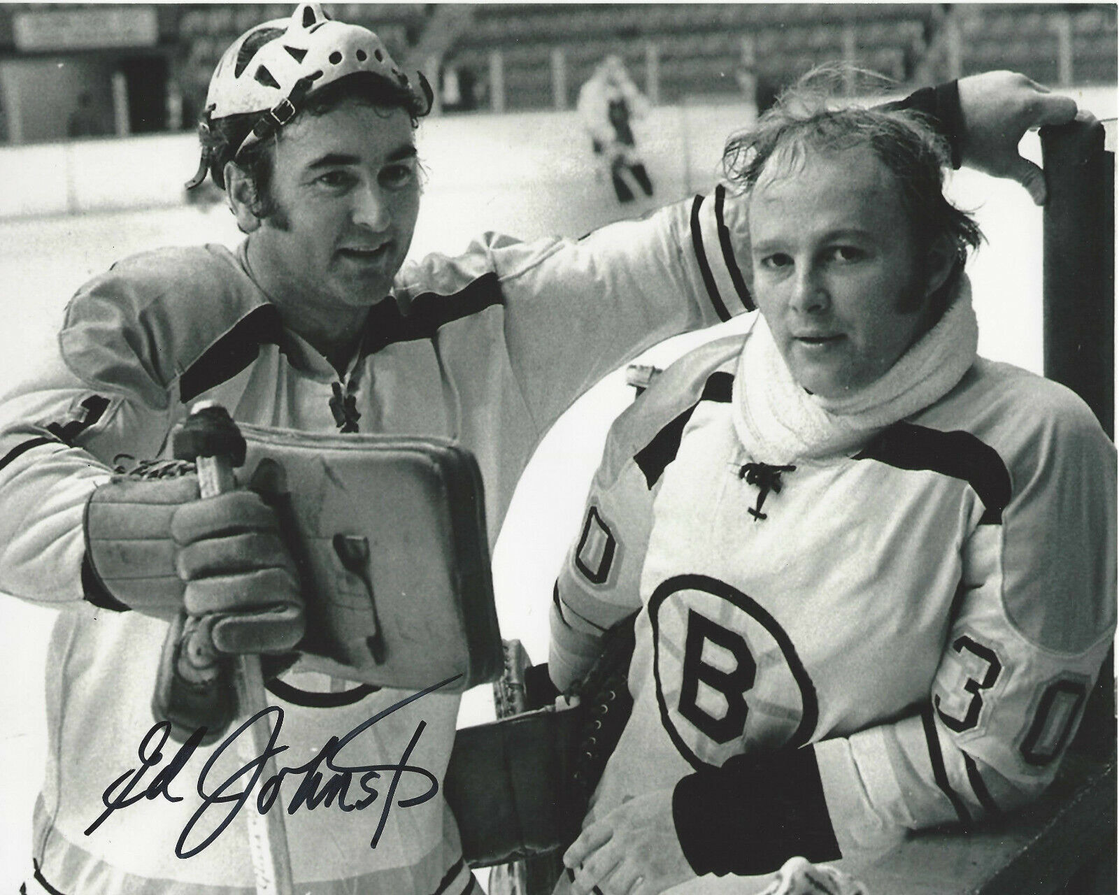 BOSTON BRUINS EDDIE JOHNSTON SIGNED 8x10 Photo Poster painting STANLEY CUP GOALIE 2 w/COA