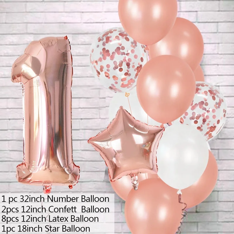 12Pcs Rose Gold Number Foil Latex Balloons Kids Adult Birthday Party Decoration 1st Birthday Gril Boy Decor Baby Shower Balloon