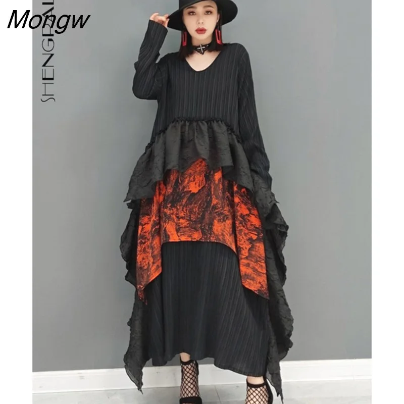 Mongw Fashion Printed Spliced Derss Women's Autumn 2023 New V-neck Loose Long Sleeve Mid-calf Dresses Female Tide 5E8840