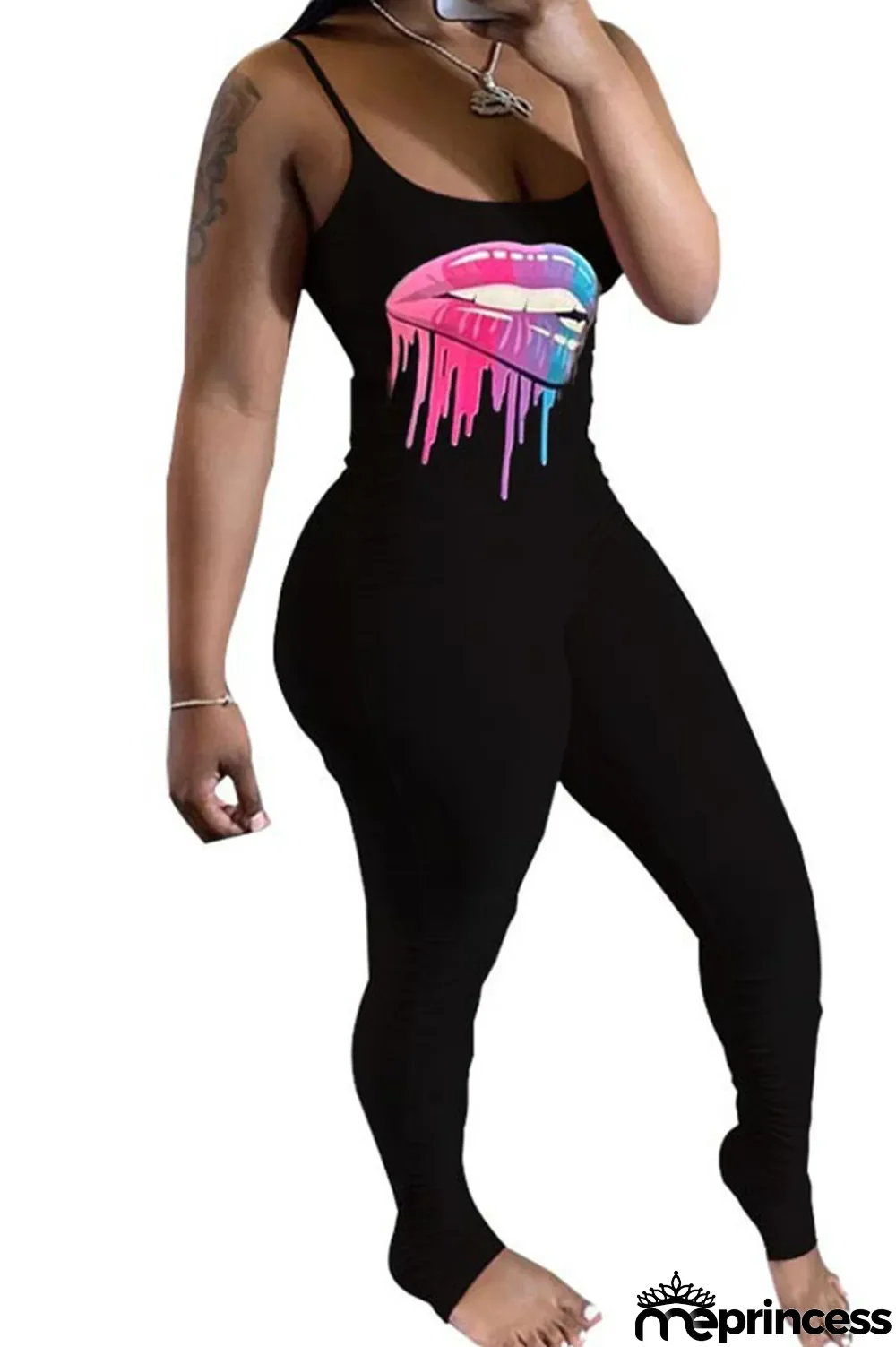 Black Fashion Casual Print Draped Milk. Sleeveless Slip Jumpsuits