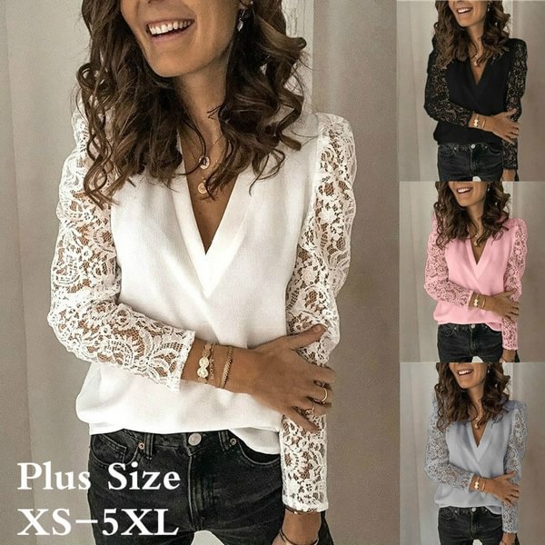 Women's Casual Lace Long Sleeve T-shirt V-neck Blouse Lacs Sleeve Tops Plus Size XS-5XL - Shop Trendy Women's Clothing | LoverChic