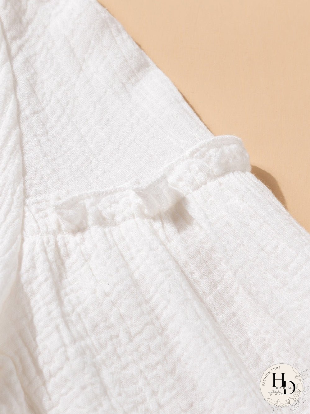 White Crinkled Casual Top with Balloon Sleeves