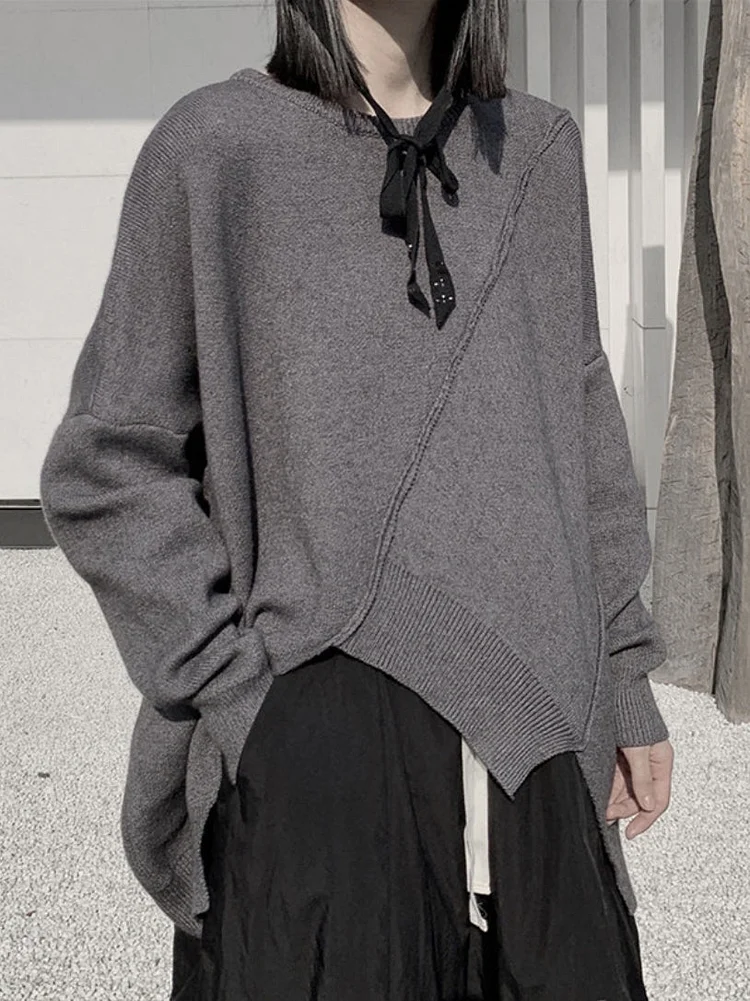 Original Loose Black Round-Neck Batwing Sleeve Irregular Hem Knit Sweater