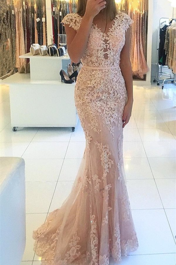 Glamorous Cap Sleeves Lace Appliques Prom Dress Mermaid Long - lulusllly