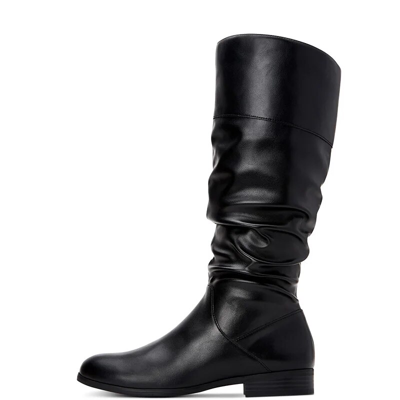 TAAFO Black Pleated Knee Long Boots Low Chunky Heels Women Round Toe Zipper Ladies Shoes