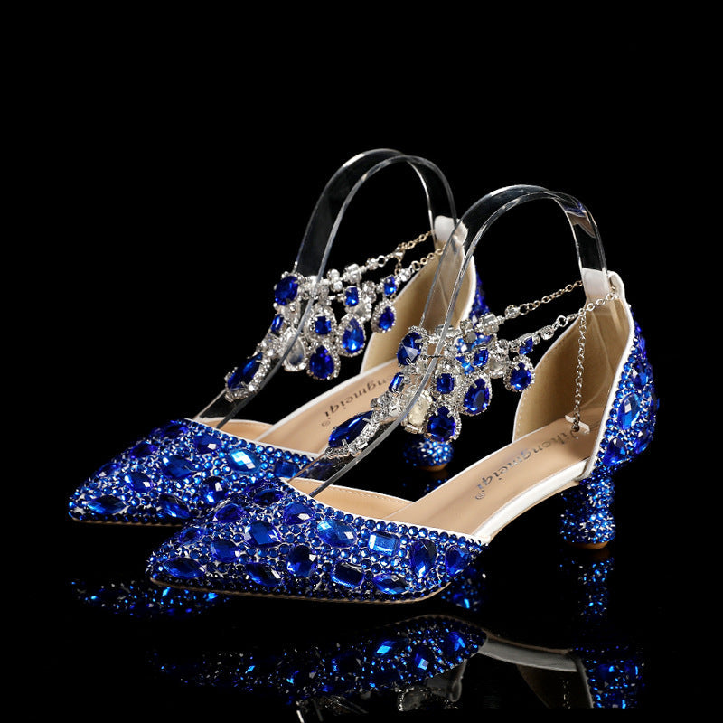 GOOSHOE Chunky Rhinestone Heels Blue Pointed-toe Crystal Wedding Shoes