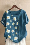 Plus Size Linen Daisy Print Short Sleeve Blouses (Without Necklace)