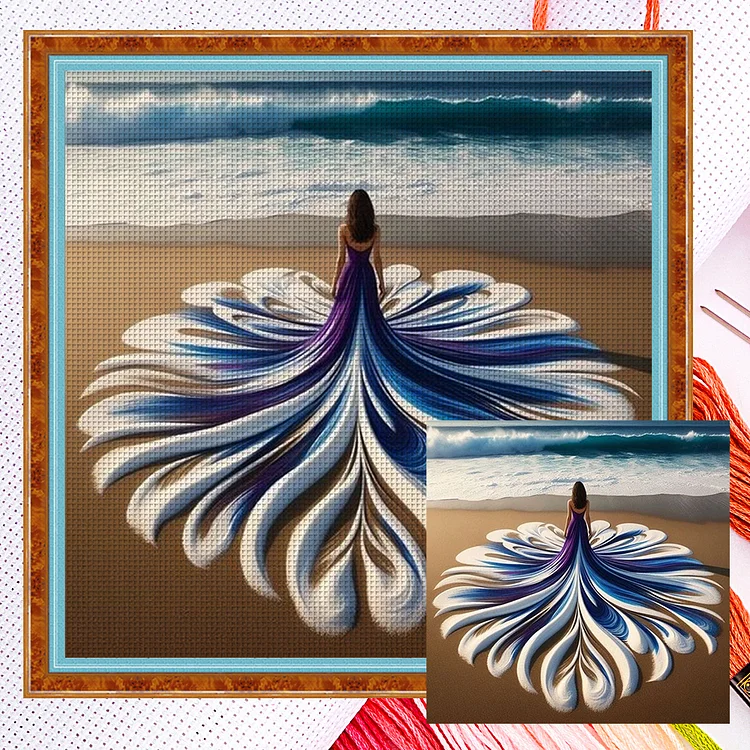 Girl In Flowery Skirt On The Beach- 11CT - 3 Strands Threads Counted cross stitch - 45*45cm(Canvas)