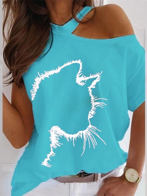 Women Short Sleeve Cold Shoulder Printed Graphic Loose Top