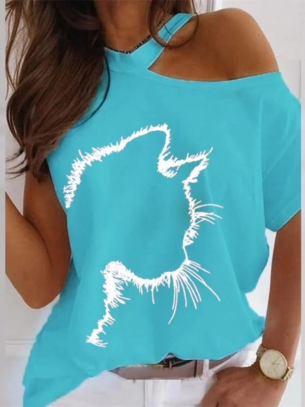 Women Short Sleeve Cold Shoulder Printed Graphic Loose Top