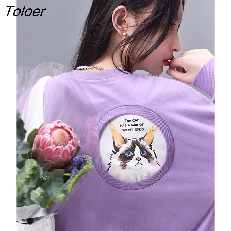 Toloer Women Sweatshirts 2022 Spring Long Sleeves O Neck Hoodies Purple Gray Letters Cute Cat Print Casual Chic Pullovers