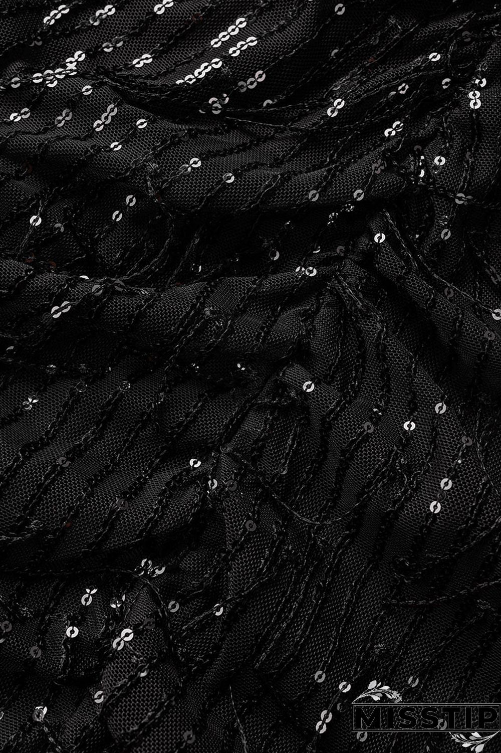 Black Casual Patchwork Tassel Sequins V Neck Long Sleeve Dresses