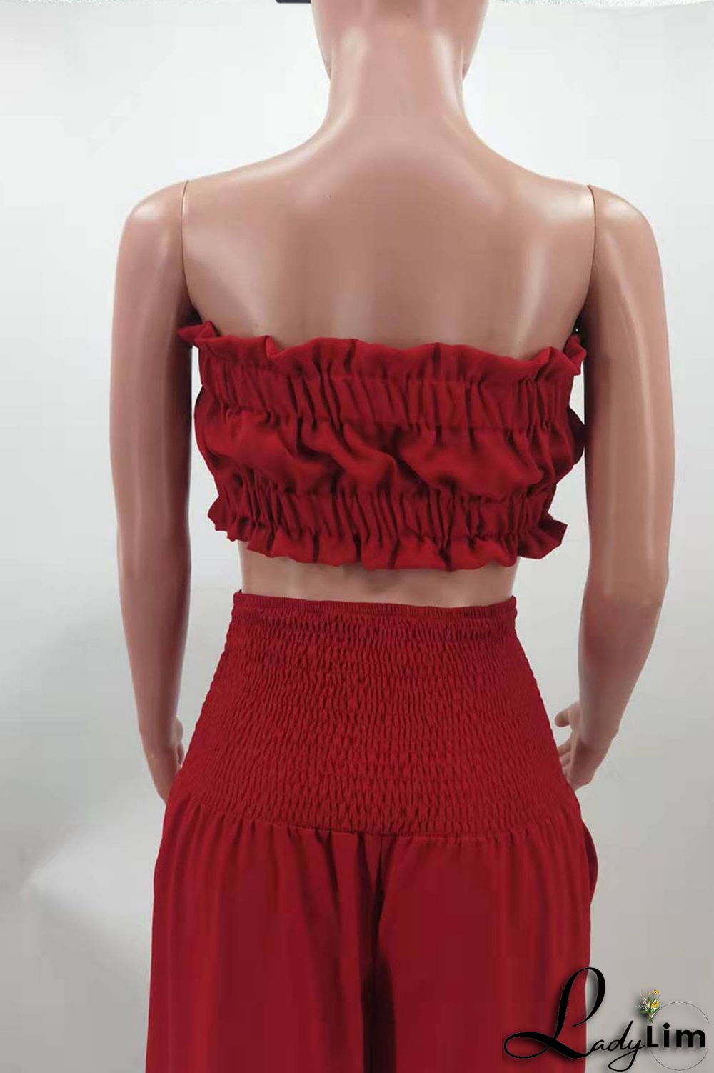 Red Sexy Solid Split Joint Stringy Selvedge Strapless Sleeveless Two Pieces