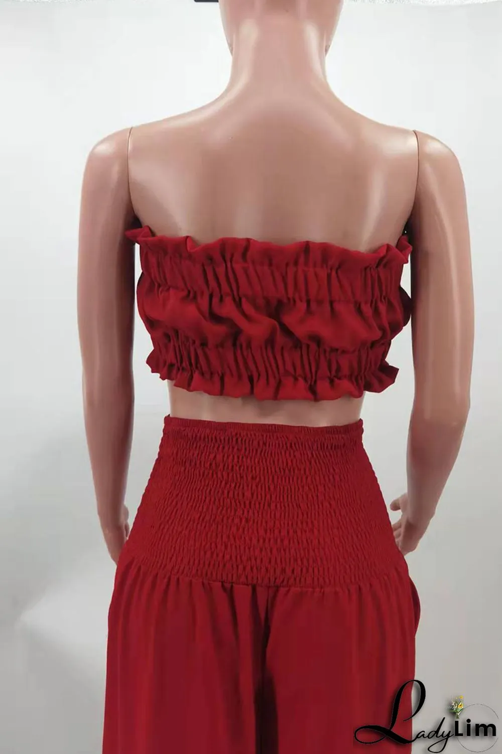 Red Sexy Solid Split Joint Stringy Selvedge Strapless Sleeveless Two Pieces
