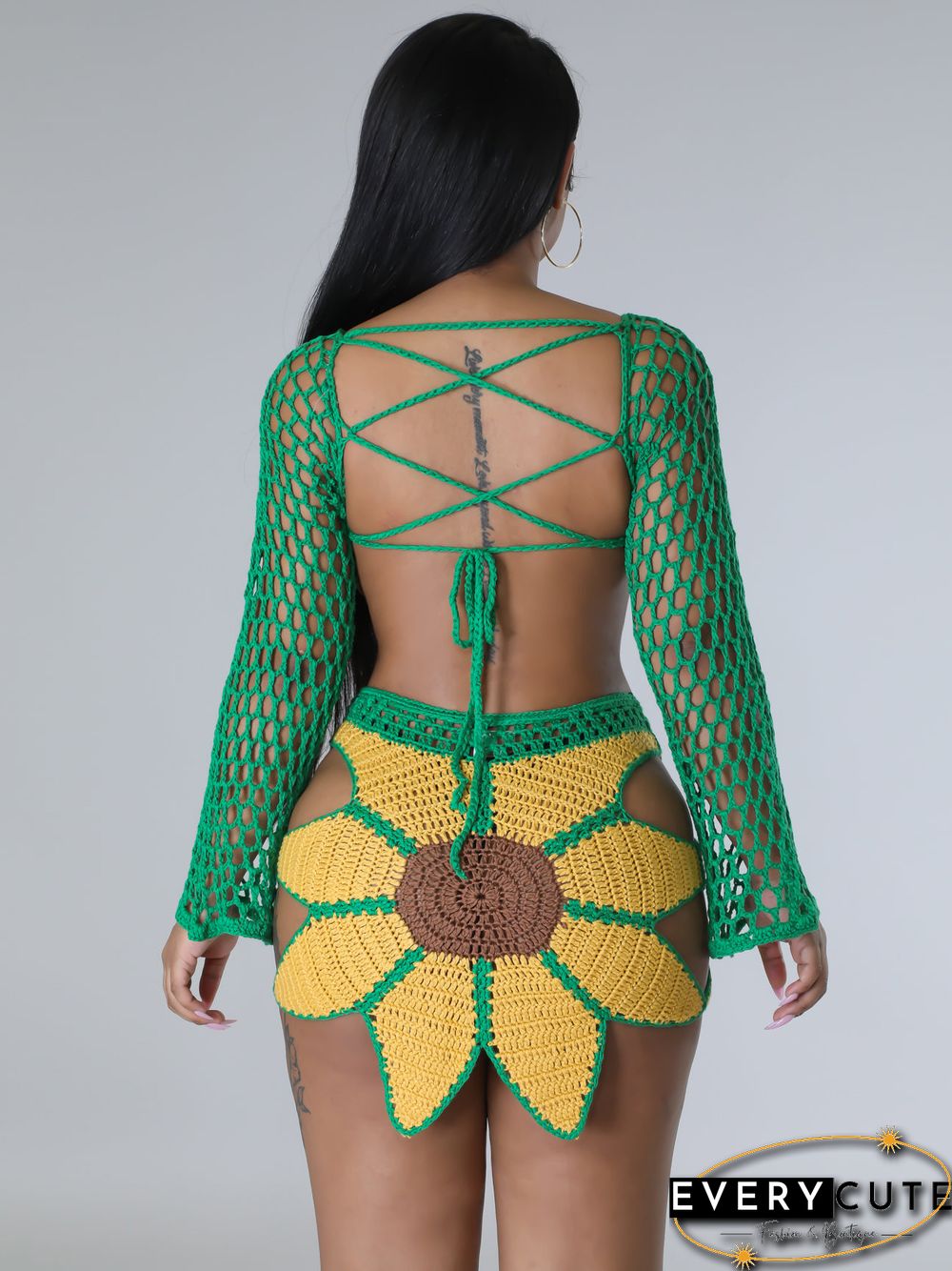 Hand-crochet Sunflowers Beachwear Cover Up 2 Piece Sets