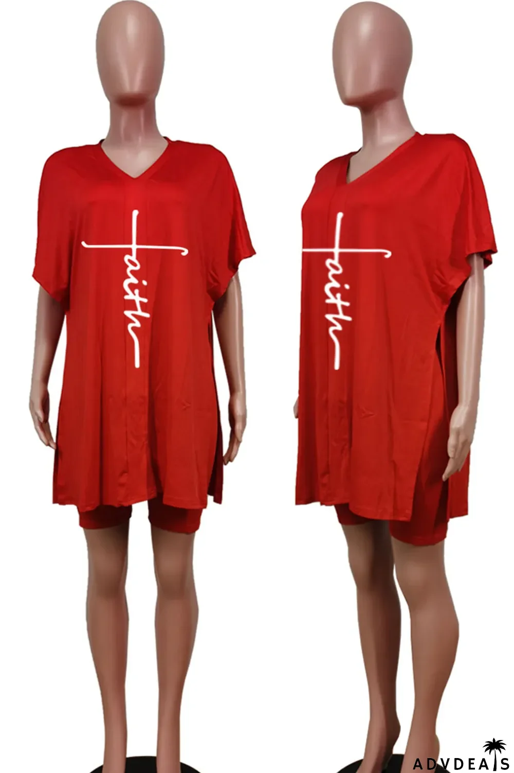 Tangerine Red Casual Print Split Joint V Neck Short Sleeve Two Pieces