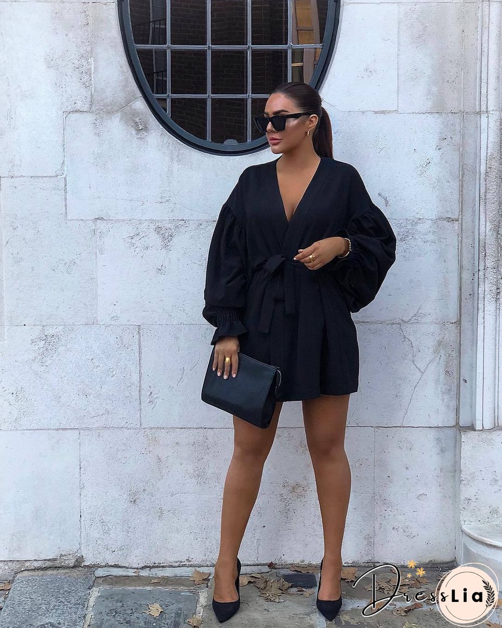 Bubble Long Sleeves V-Neck Mini Dress