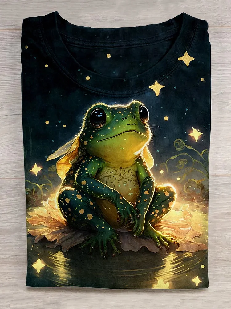 Retro Frog Star Illustration Art Casual Print T-Shirt