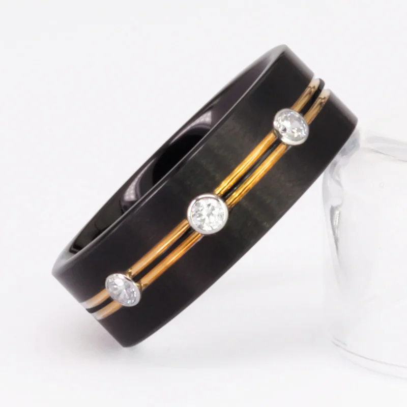 8MM Women's Or Men's Black Flat Tungsten Carbide Rings with Gold Grooved and Zircon Inlay