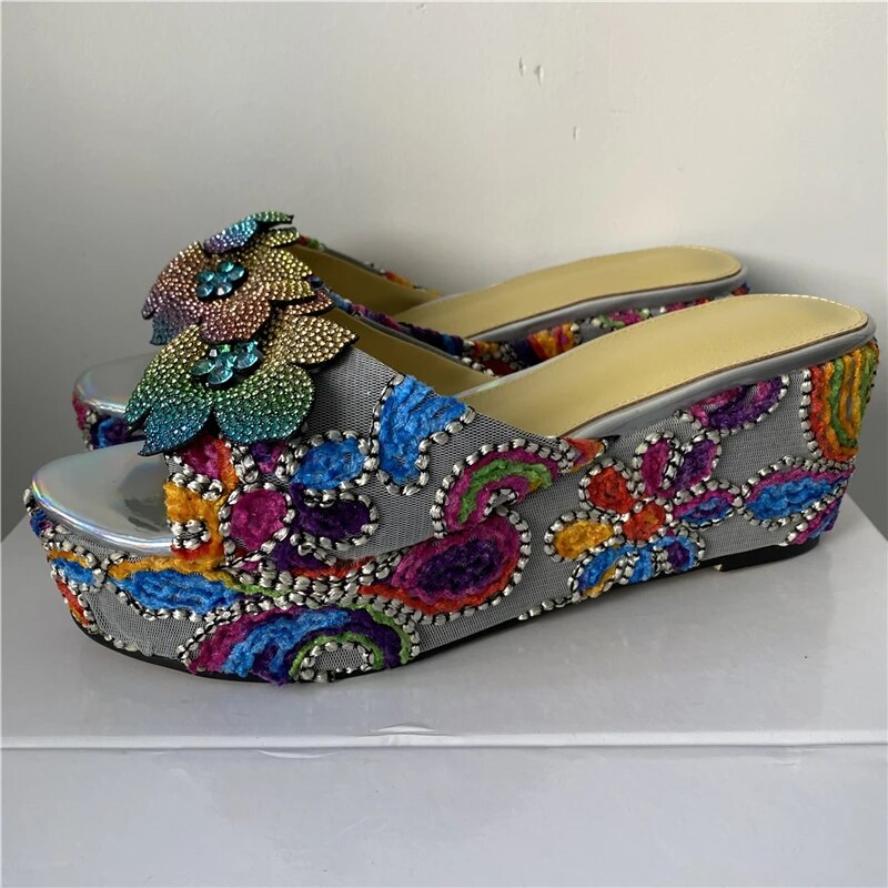 VCSHOES Embroidery Air Mesh Wedges Women Sandals High Platform Slingbacks Rhinestone Flower Shoes