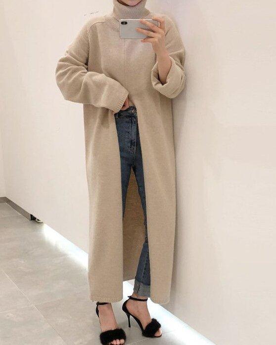 Rotimia Sleeve Loose Casual Split Over The Knee Long Sweater