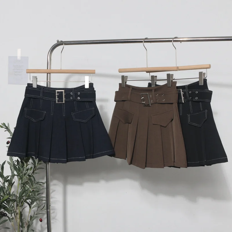 Uveng Real Shooting Hottie Retro Bright Line Dress Women Walk Light 100-Fold Skirt High-Rise Thin A Short Skirt 8201