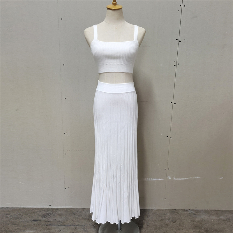 Ootddress New White Knit Two Piece Women Sets Fall Ribbed Tank Top And Pleated Knitted Skirt Suits For Women Long Dress Sets Summer