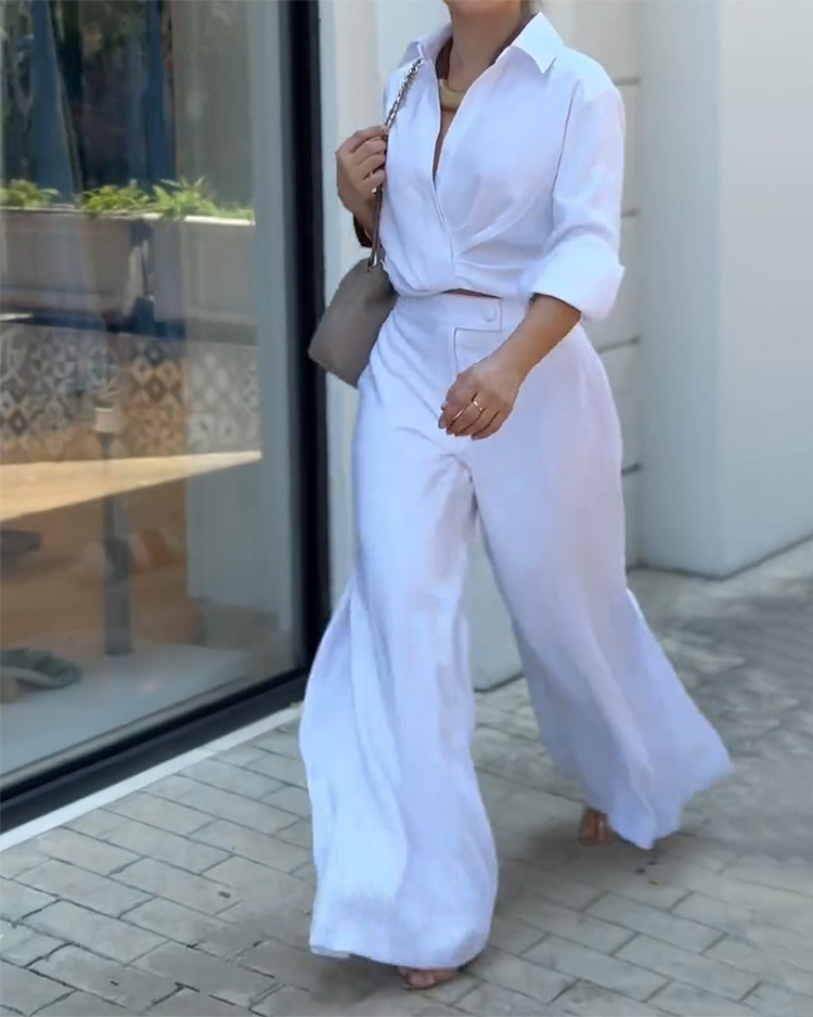 Lapel Pleated Long-sleeved Top and Pants Two-piece Set